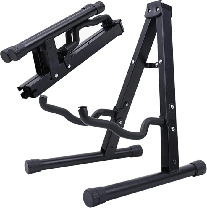 A-Frame Metal Folding Stand - Electric & Acoustic Guitars, Bass & Banjo - Non-Slip Rubber & Foam Arms - Black