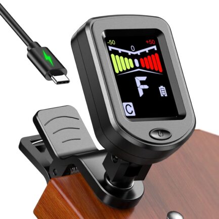 Clip-On Guitar Tuner Rechargeable with Color Screen 360° Rotatable Chromatic Tuner for Guitar, Bass, Ukulele, Violin (Black, 1 Pack)