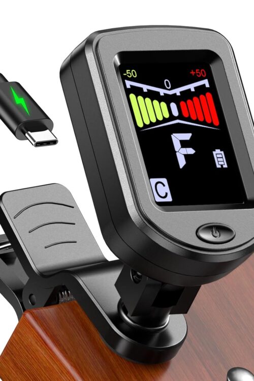 Clip-On Guitar Tuner Rechargeable with Color Screen 360° Rotatable Chromatic Tuner for Guitar, Bass, Ukulele, Violin (Black, 1 Pack)