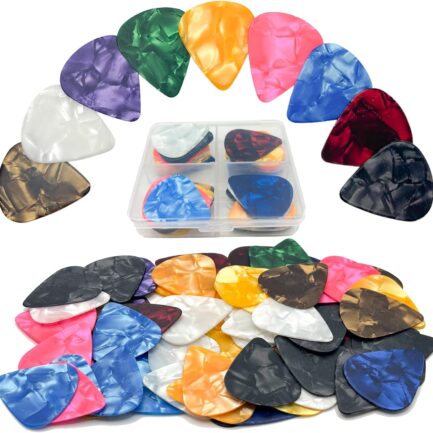 60pcs Guitar Picks with Organizer Storage Box, 4 Different Thickness Colorful Celluloid Guitar Pick Plectrums Stocking Stuffer for Acoustic Electric Guitar Bass Ukulele Player, Color Random