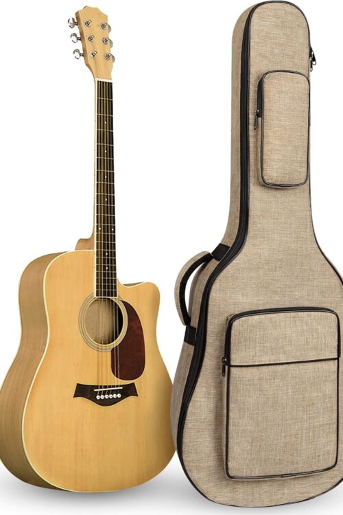 39 40 41 Inch Acoustic Guitar Bag with 0.5 Inch Thick Waterproof Padding Adjustable Shoulder Strap Guitar Case Gig Bag with Back Hanger Loop, Khaki