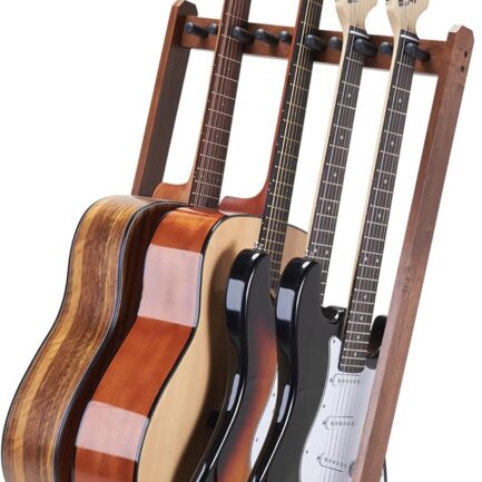 Multi Guitar Stand, Black Walnut Wood Multiple Guitar Rack for 3 Acoustic, 5 Electric or 5 Bass, Hardwood Instrument Rack for Men, Wooden Floor Acoustic Stand for Home Decor, Studio Display