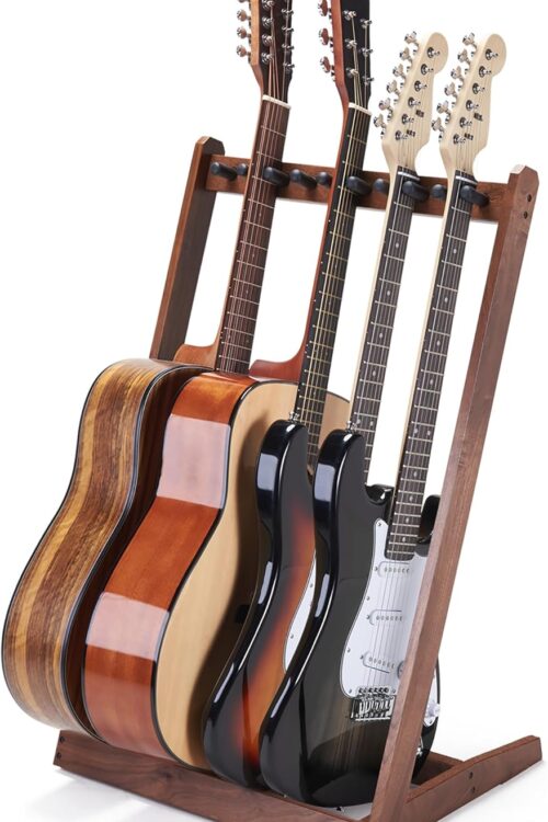 Multi Guitar Stand, Black Walnut Wood Multiple Guitar Rack for 3 Acoustic, 5 Electric or 5 Bass, Hardwood Instrument Rack for Men, Wooden Floor Acoustic Stand for Home Decor, Studio Display