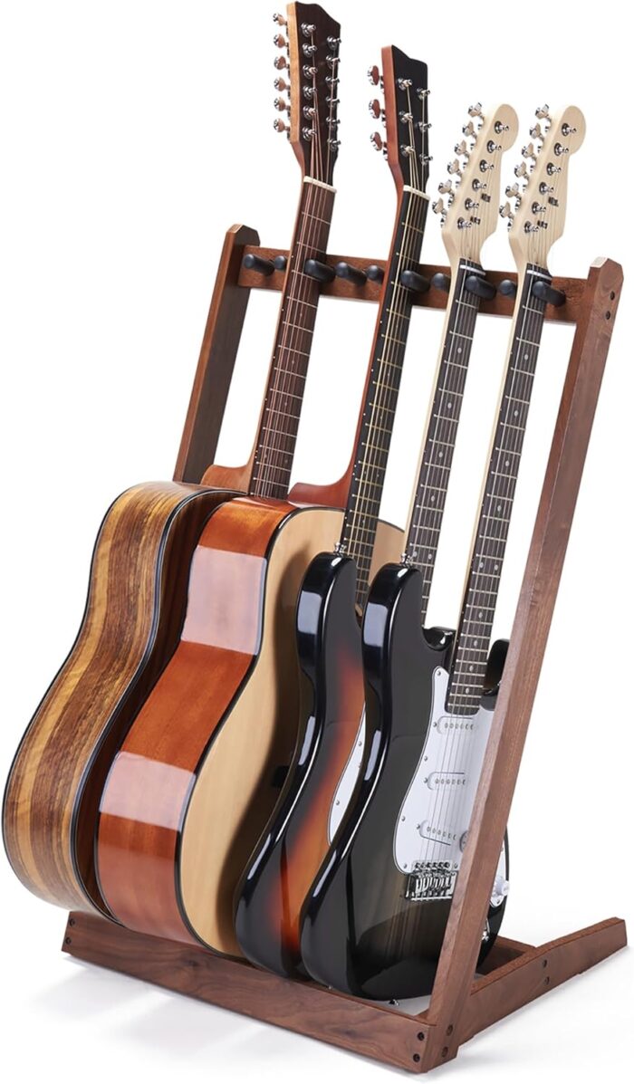 Multi Guitar Stand, Black Walnut Wood Multiple Guitar Rack for 3 Acoustic, 5 Electric or 5 Bass, Hardwood Instrument Rack for Men, Wooden Floor Acoustic Stand for Home Decor, Studio Display