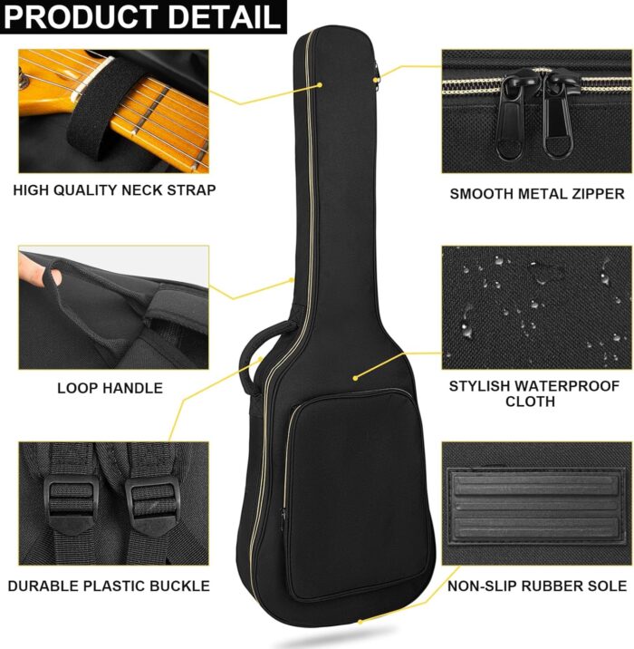 38 40 41 Inch Electric Guitar Bag, Electric Guitar Gig Bag 0.35 Inch Waterproof Thick Padding Backpack Soft Electric Guitar Case Dual Adjustable Shoulder Strap Pocket & Back Hanger Loop Black - Image 2